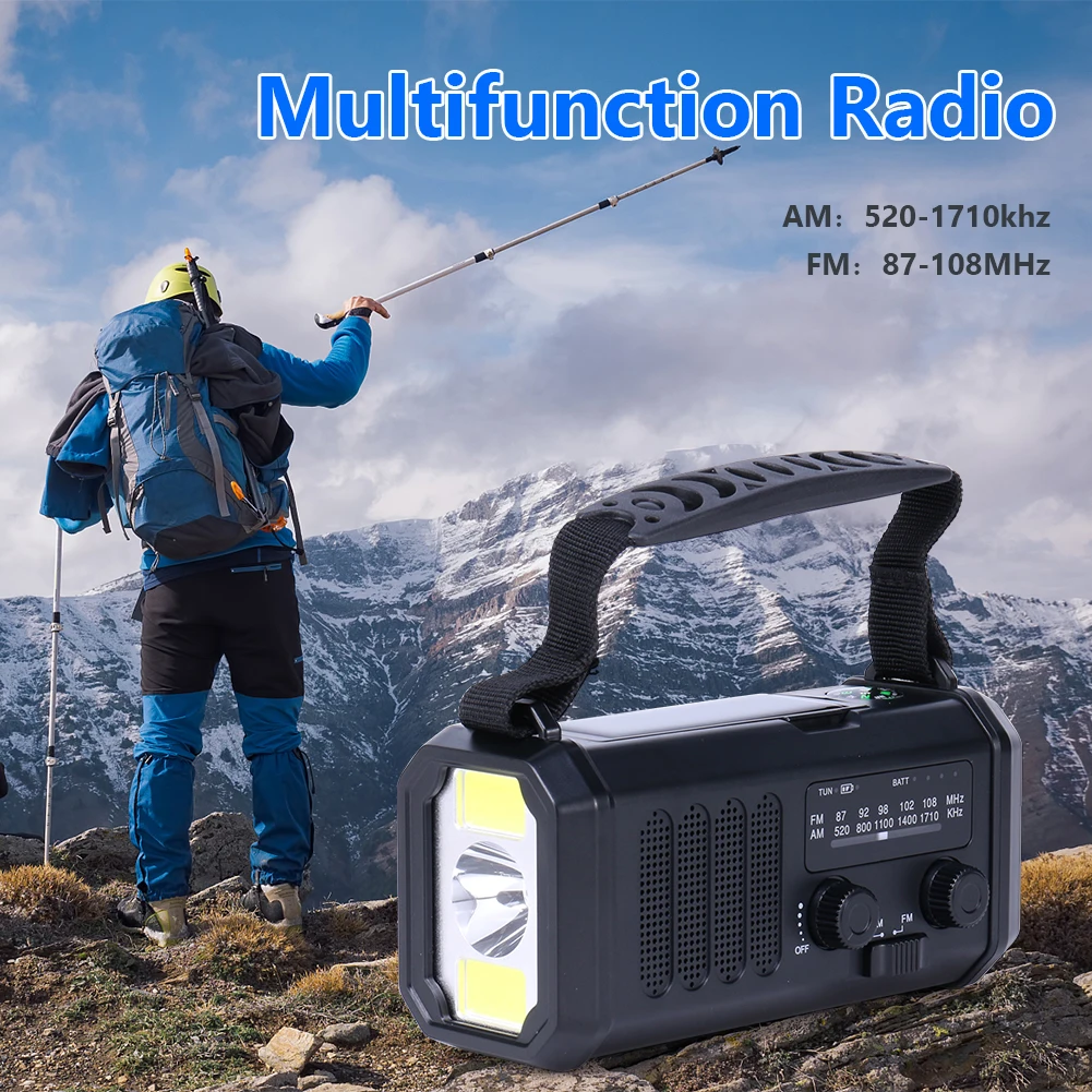 

Аварийное радио с солнечной зарядкой, AM/FM, сигнализацией SOS, зарядкой Type-C, LED-фонариком, аккумулятором 10000 мАч и многофункциональной лампой для чтения
