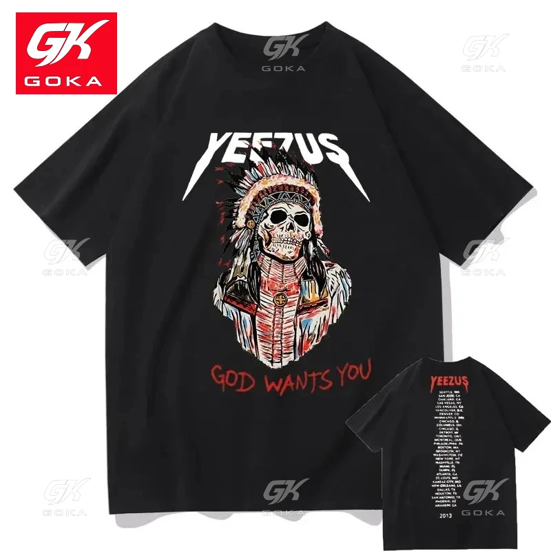 God Wants You T Shirt Kanye West Double Sided Print Cotton T Shirts  Tribal Skull Graphic Tops Summer Men Women Hip HopTees