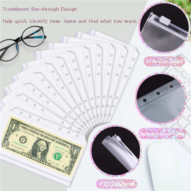 Cash Book Binder Budget Planner Notebook Cover Folder A6 Size 6 Hole Binder Pocket Plastic Binder Zipper Money Saving Envelope