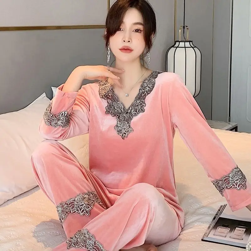 Golden Velvet Pajamas Female Spring and Autumn Long Sleeve Plus Fat Size Fat  Catties Winter Home Suit Can Be Worn Comfortable