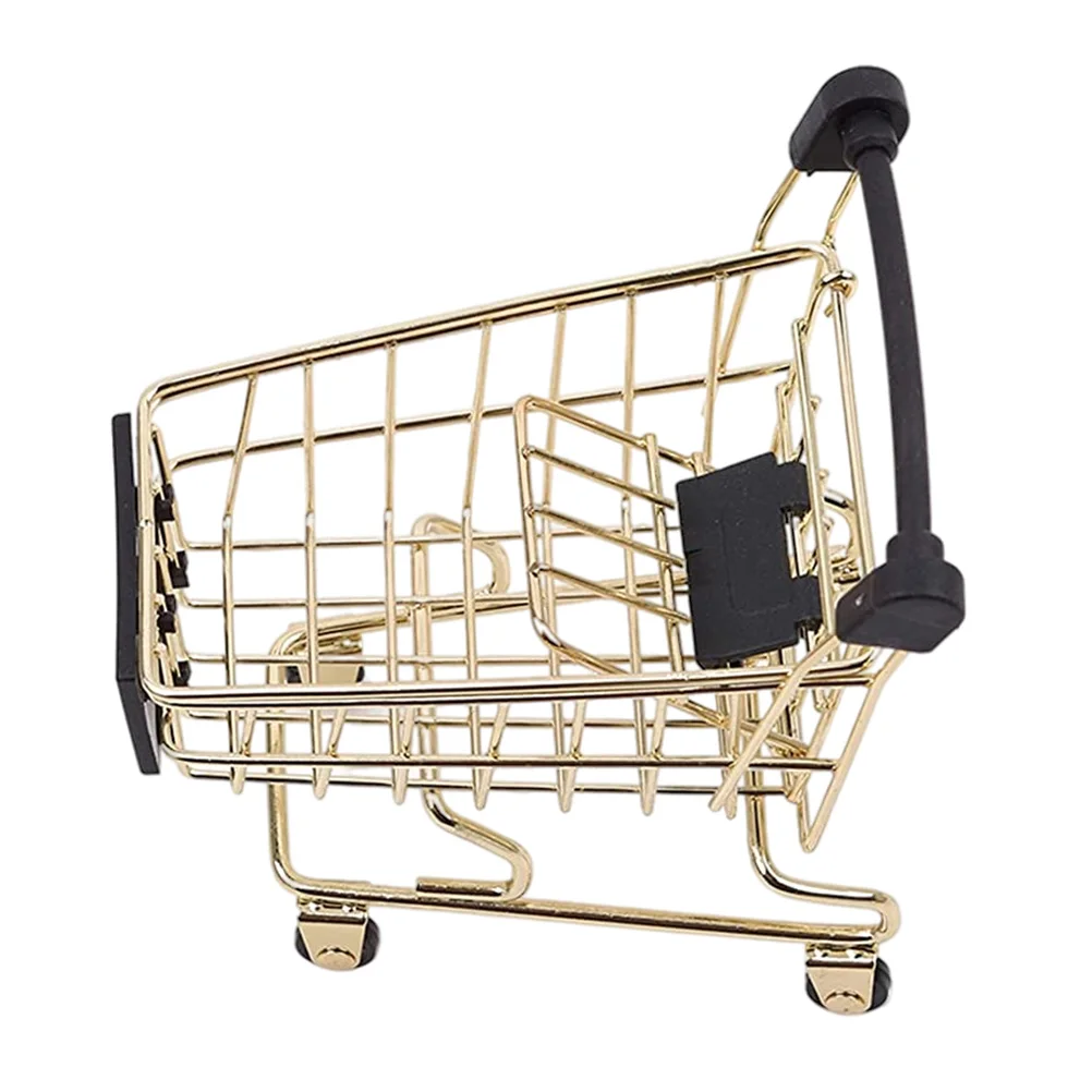 

Golden Mini Metal Trolley Basket Desk Decor Gold Cart Handicraft Gift Home Kitchen Bar Storage Phone Bracket Pen Toy
