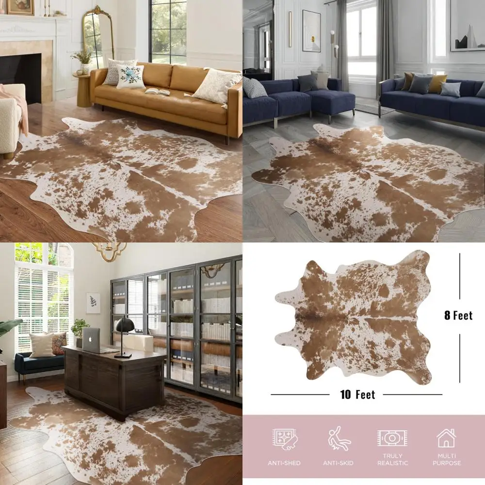 

Rustic 10x8 Foot Large Cowhide Rug for Living Spaces, Bedrooms, Dining Areas, and Home Offices in Brown Animal Print