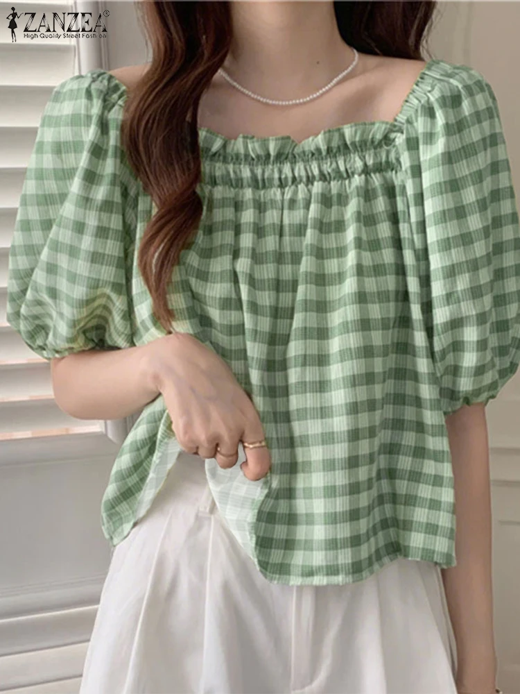 

ZANZEA Elegant Square Neck Plaid Checked Blouses Summer Women Tops Korean Short Sleeve Holiday Blusas Fashion Work Shirt Mujer