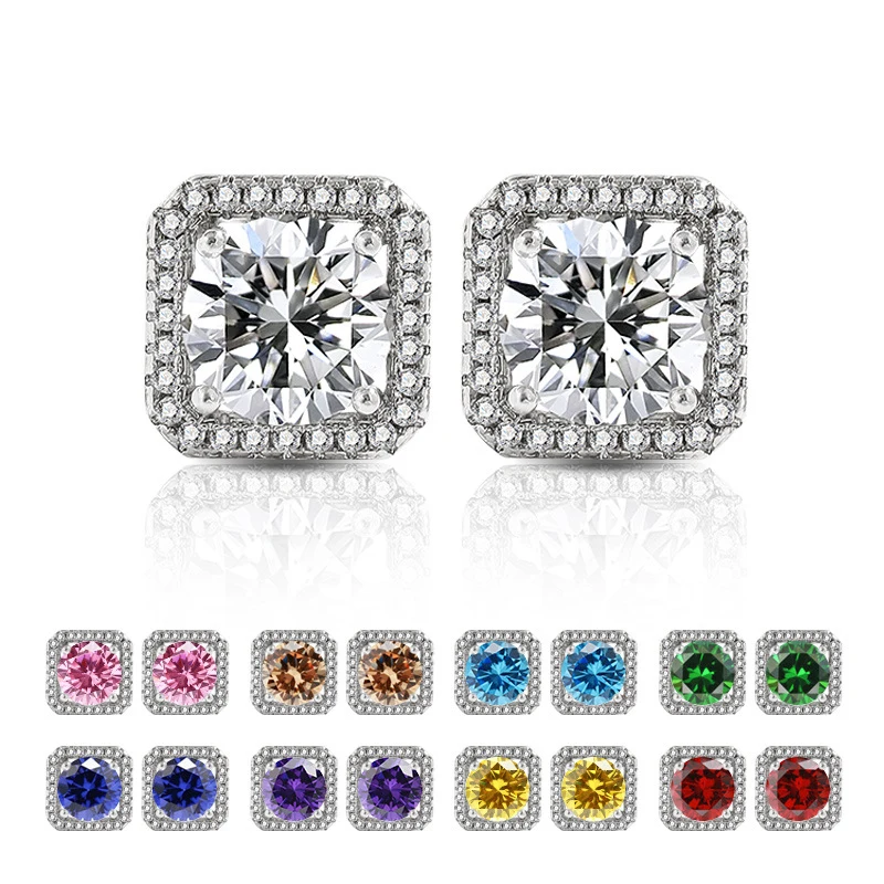 Beautiful 2-carat high-carbon content diamond geometric shape square 925 sterling silver stud earrings, fashionable party earrin