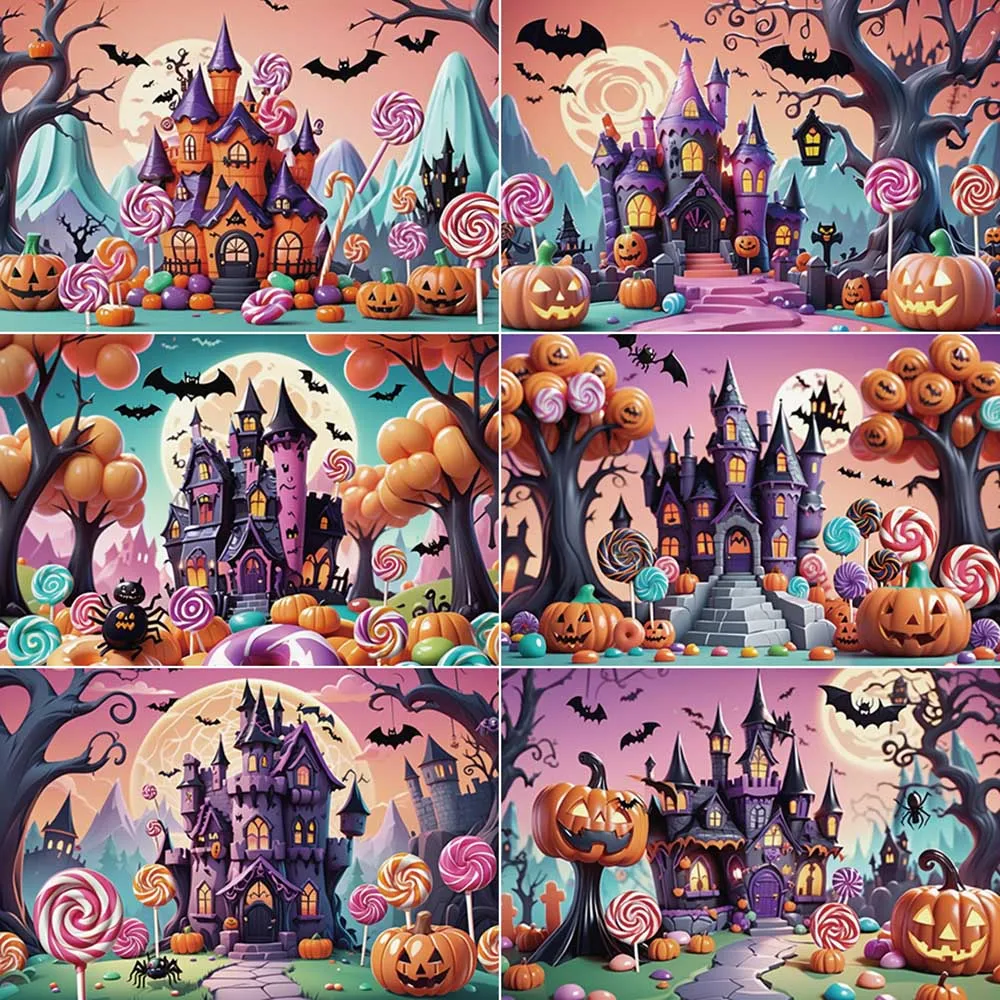 

MOON.QG Halloween 2024 Background Candy Castle Pumpkin Photography Backdrop Children's Photo Studio House Decoration Back Drop