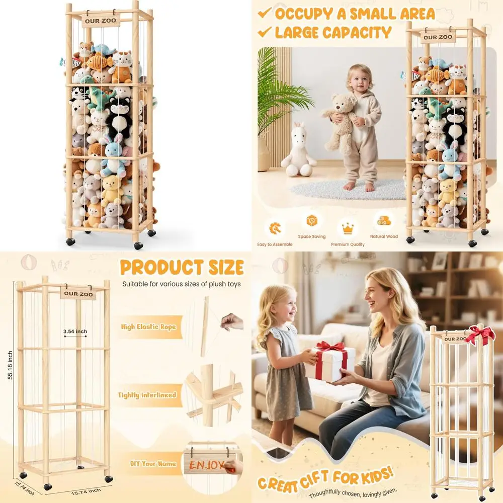 منظم الألعاب القطيفة المتدحرجة: قفص تخزين كبير للحيوانات والألعاب المحشوة للأطفال