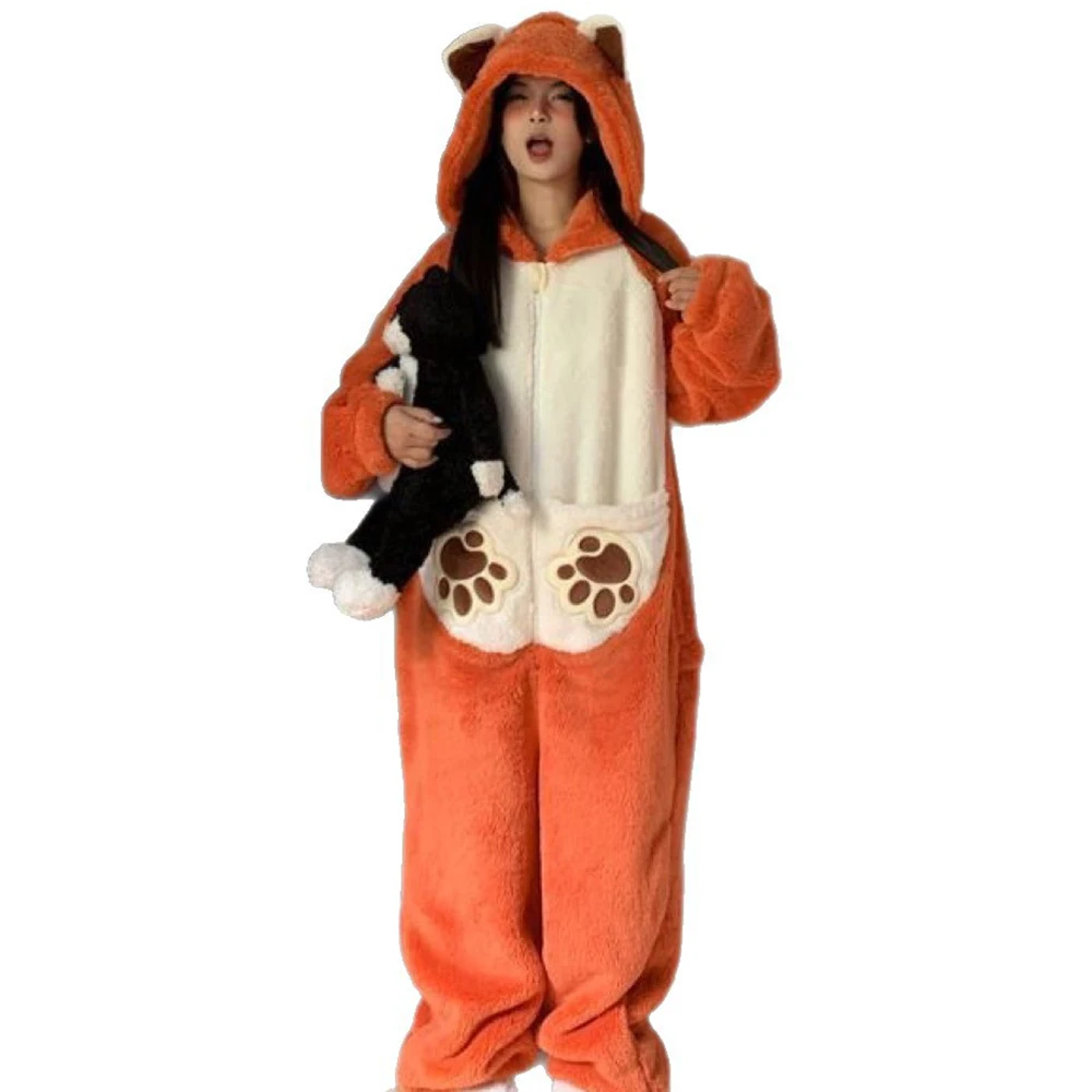 

Костюм лисы для косплея, комбинезон кигуруми для взрослых и женщин, милые цельные пижамы, зимние плотные фланелевые пижамы в стиле аниме на Хэллоуин и Рождество