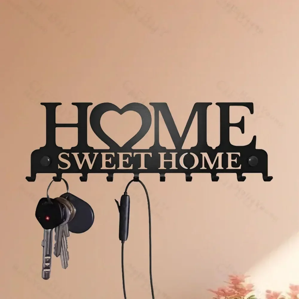 Sweet Home Balcone in metallo nero Appendiabiti a parete Portachiavi Organizzatore da cucina Bagno Rangement Ganci Appendiabiti