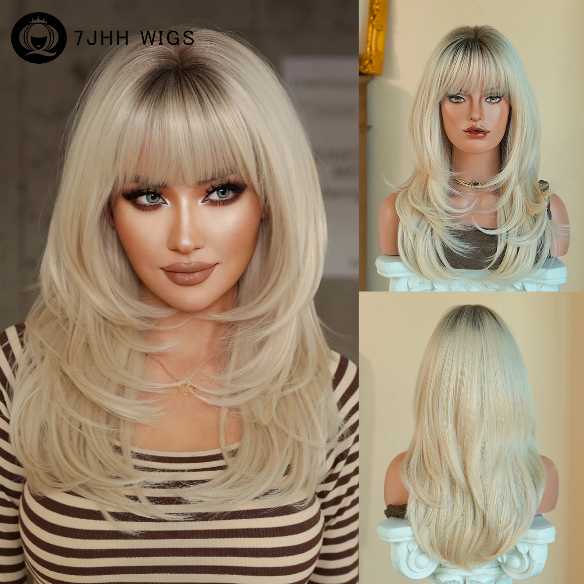 7JHH WIGS Long Straight Ash Blonde Wig for Women Modest Fashion Synthetic Layered Wear and Go Champagne Wigs with Dark Roots