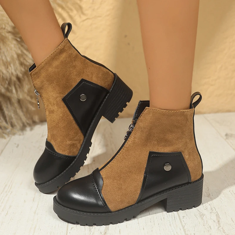 Rimocy Fashion Front Zipper Platfrom Ankle Boots Women New Patchwork Med Heel Short Boots Woman Square Heels Design Botas Mujer