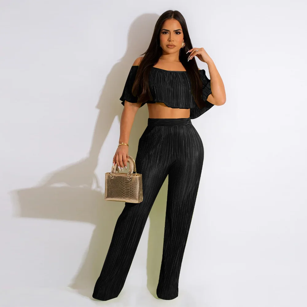 Women Flounce Off Shoulder Slash Neck Crop Top and Pleated Wide-Leg Pants Casual Street Outfits Matching Lady Streetwear