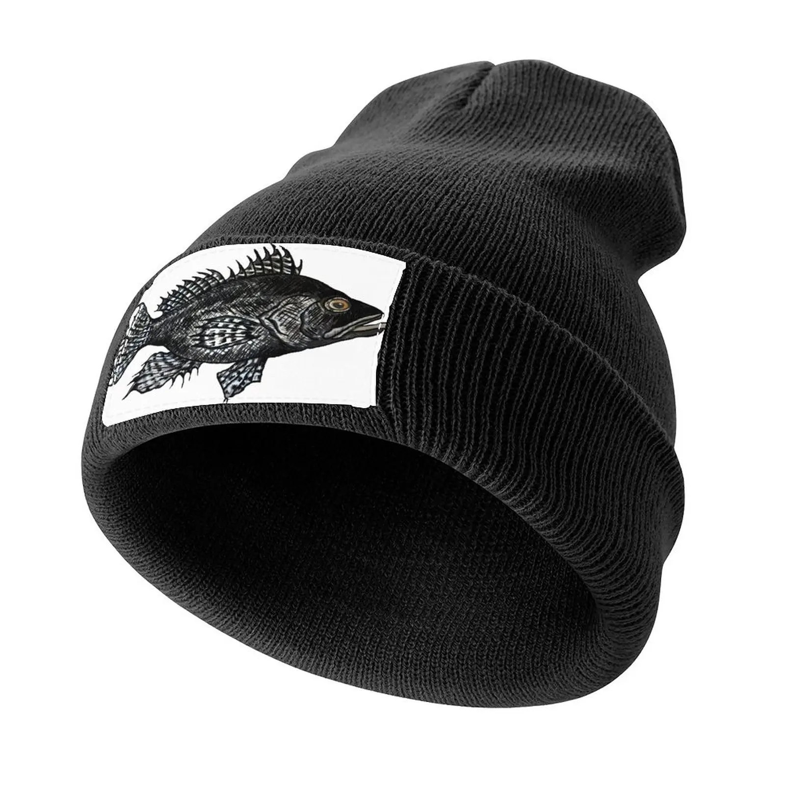 Black Sea Bass Drawing in muted turquoise Knitted Cap Rave Golf tea Hat Men Hats Women's