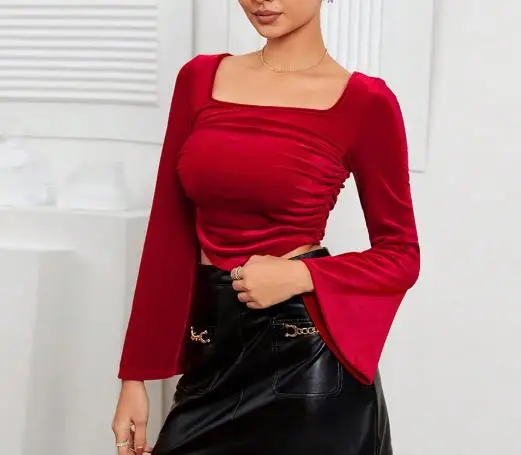 

Women's Top Spring Velvet Style High End Elegant Square Collar Slim Fit Asymmetric Hemp Trumpet Sleeve Top Suitable for Banquets