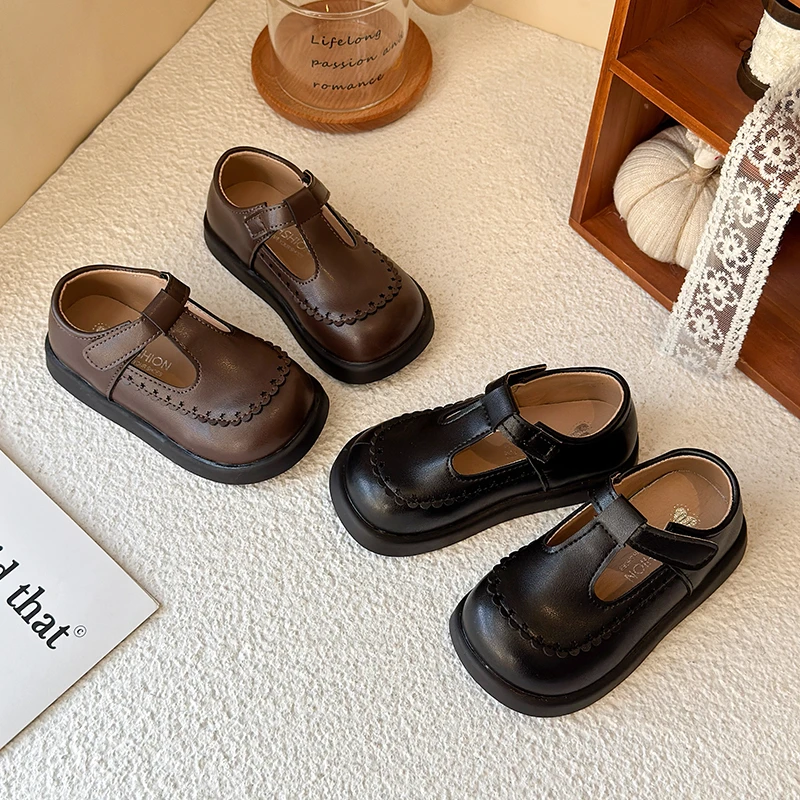 

Spring Little Girls T-Strap Mary Jane Shoes Kids Vintage Leather School Shoes Chunky Plain-colored Children Casual Shoe 21-30