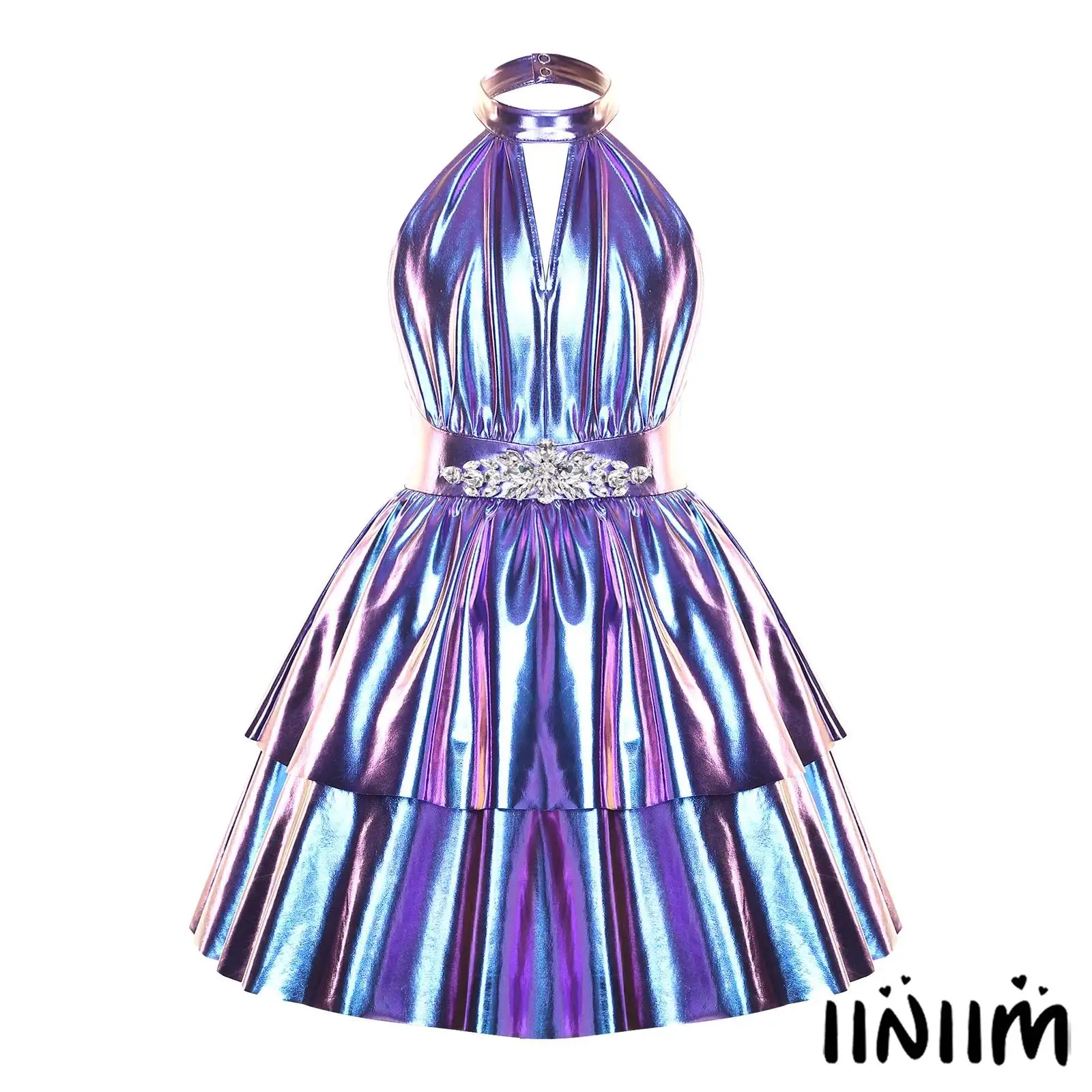 فستان حفلات لامع لامع للأطفال البنات مزين بحجر الراين بدون ظهر وحاشية متدرجة على شكل حرف a لأداء الرقص