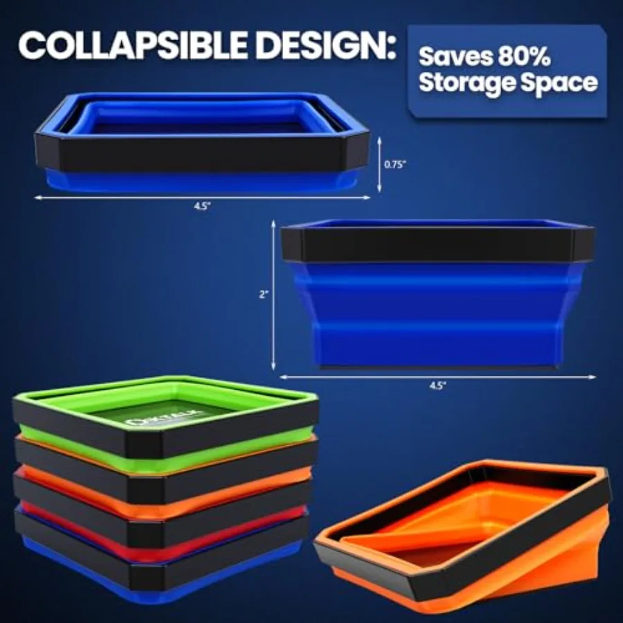 Foldable Magnetic Parts Tray Set - 4 Pack Color-Coded Collapsible Trays, 2lb Capacity and Strong Magnet Base for Auto Repair, M