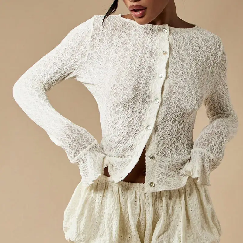 

Combhasaki Women's Elegant Ruffled Hem Flare Long Sleeve Sheer Floral Lace Shirt Tops Round Neck Slim Fit Button-down Blouse