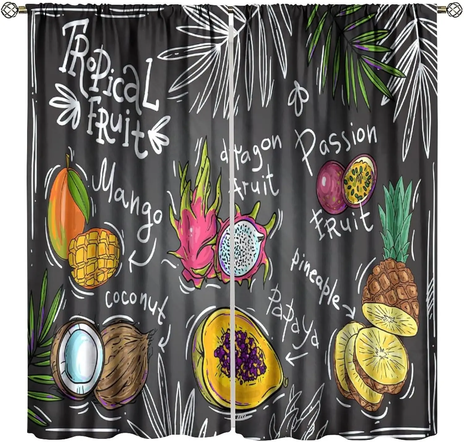 Fruit Decorative Window Curtains, Hand Drawn Mango Dragon Fruit Papaya Coconut and Pineapple Tropical Window Drapes, for Living