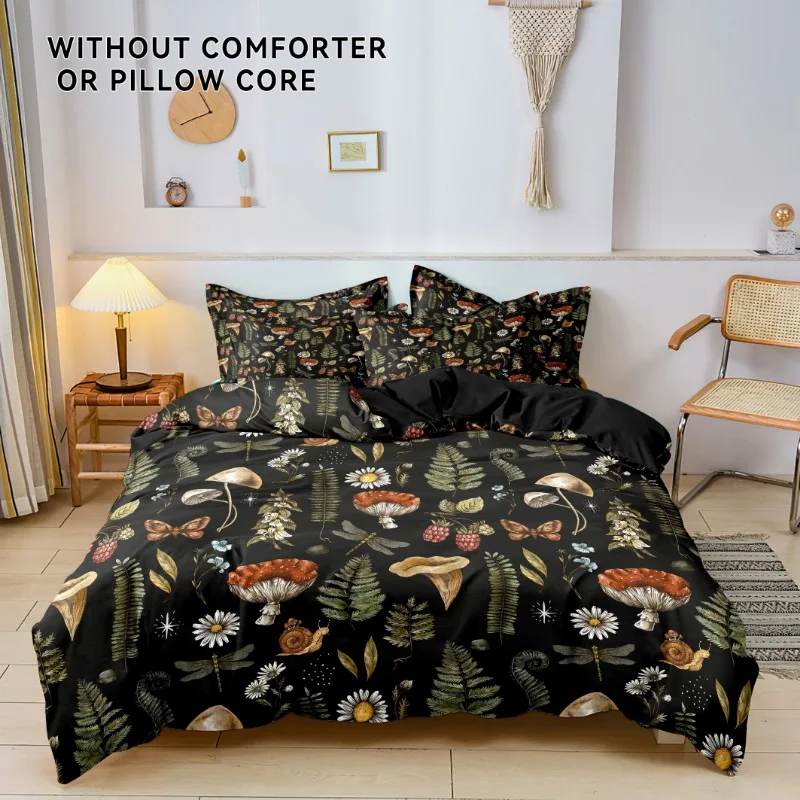 Three-Piece Set (1 Duvet Cover, 2 Pillowcases, Without Insert), Floral Mushroom Pattern Bedding Set, Available in Various Sizes