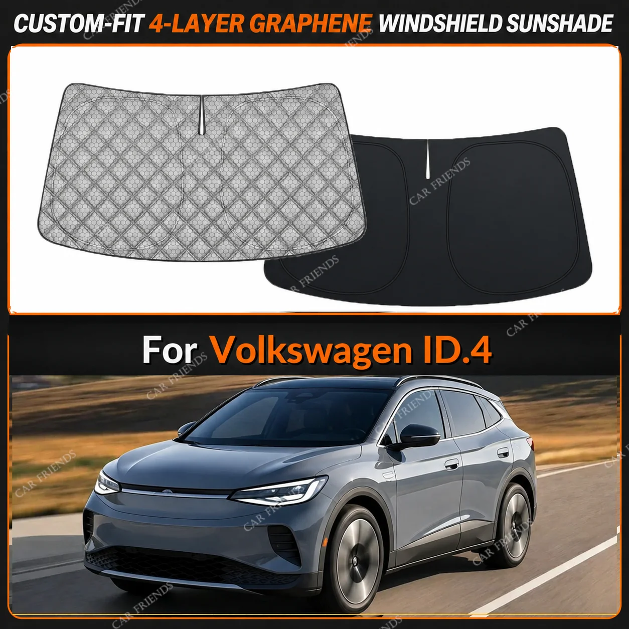 For Volkswagen ID.4 Custom-Fit 4-Layer Graphene Windshield Sunshade Reflective Gray-Silver Surface Helps Reduce Direct Sunlight