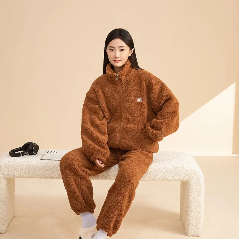 

Soft Cotton Pile with Pile Thickening Warm Home Clothes Pajama Set Sleepwear Stand Collar Zipper Lovers' Autumn and Winter