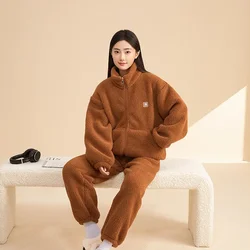 Soft Cotton Pile with Pile Thickening Warm Home Clothes Pajama Set Sleepwear Stand Collar Zipper Lovers' Autumn and Winter