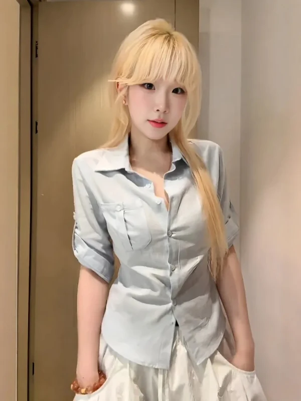 

Blue Belted Waist irt Women's Commute Sle Slim Fit Collar Five Sve Length Polyester Fiber Comfortable Breathable