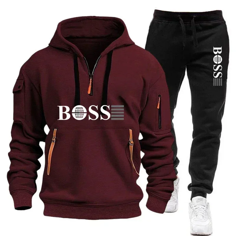 Men's Autumn and Winter New Pullovers Hoodie and Pants 2-piece Set, Outdoor Jogging Windproof Zipper Warm Men's Sportswear