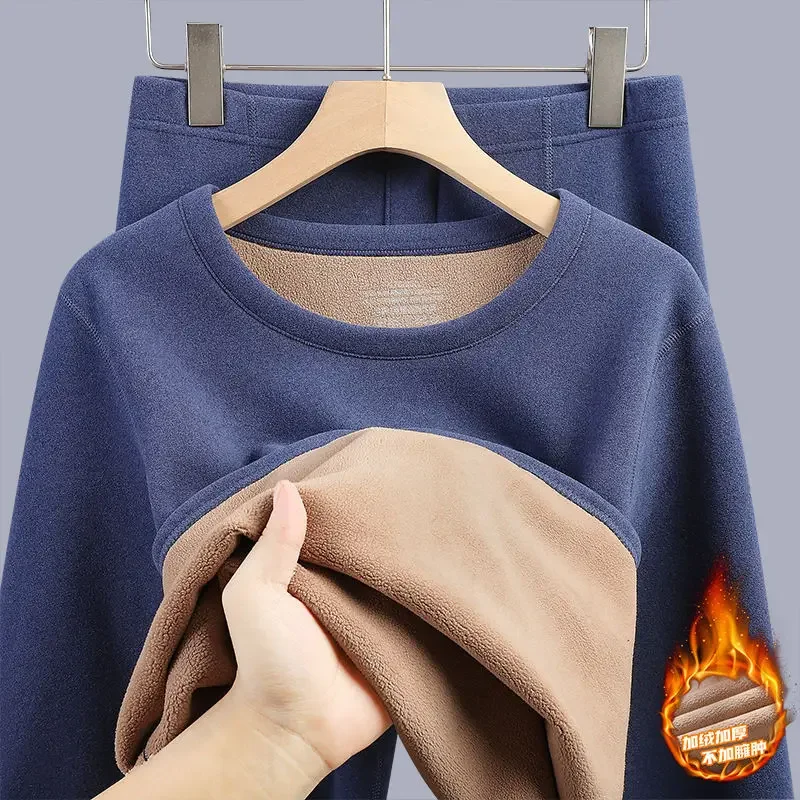 Winter Thermal Underwear Set Men's Fleece Lined Thickened Long Johns Suit Round Neck Sweatshirt Bottoming Thermal Clothes Pjs