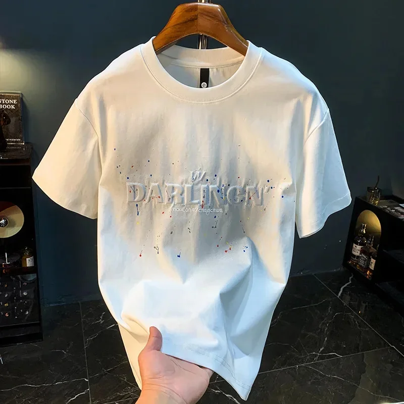 2026 Summer thin fashion high-end printed T-shirt men's 2026 trend embroidered paint splashed short sleeved top