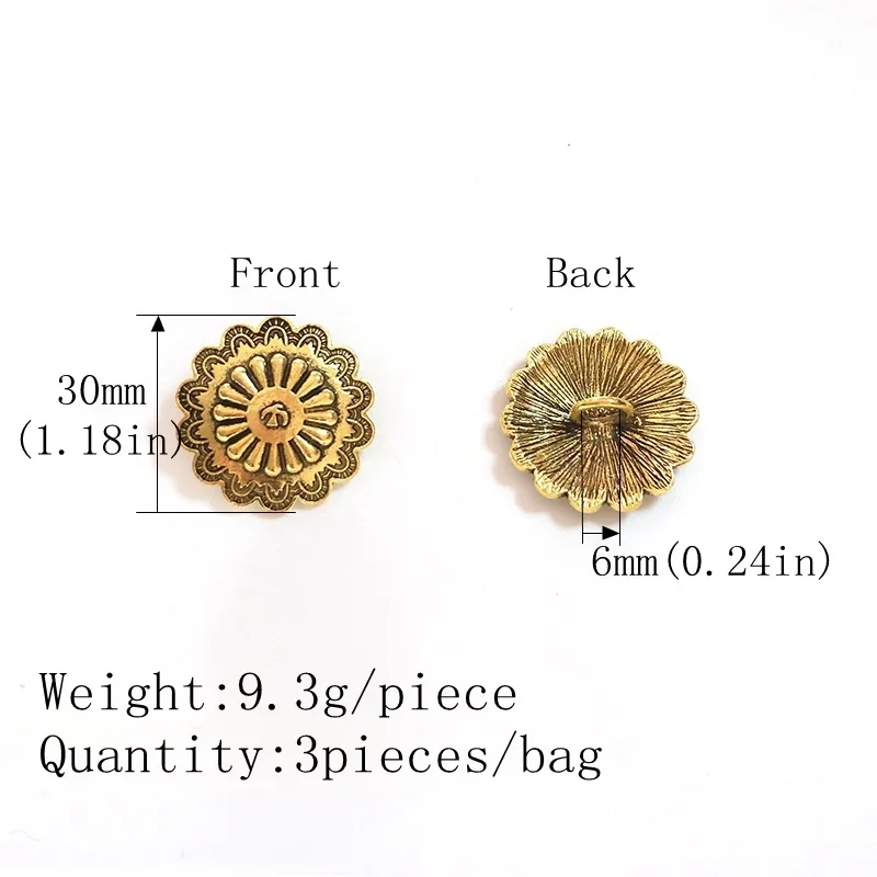 3pcs/bag 30MM Retro Zinc Alloy Round Flowers Clothes Decorative Buttons Charms Pendants for DIY Hair Jewelry Accessories