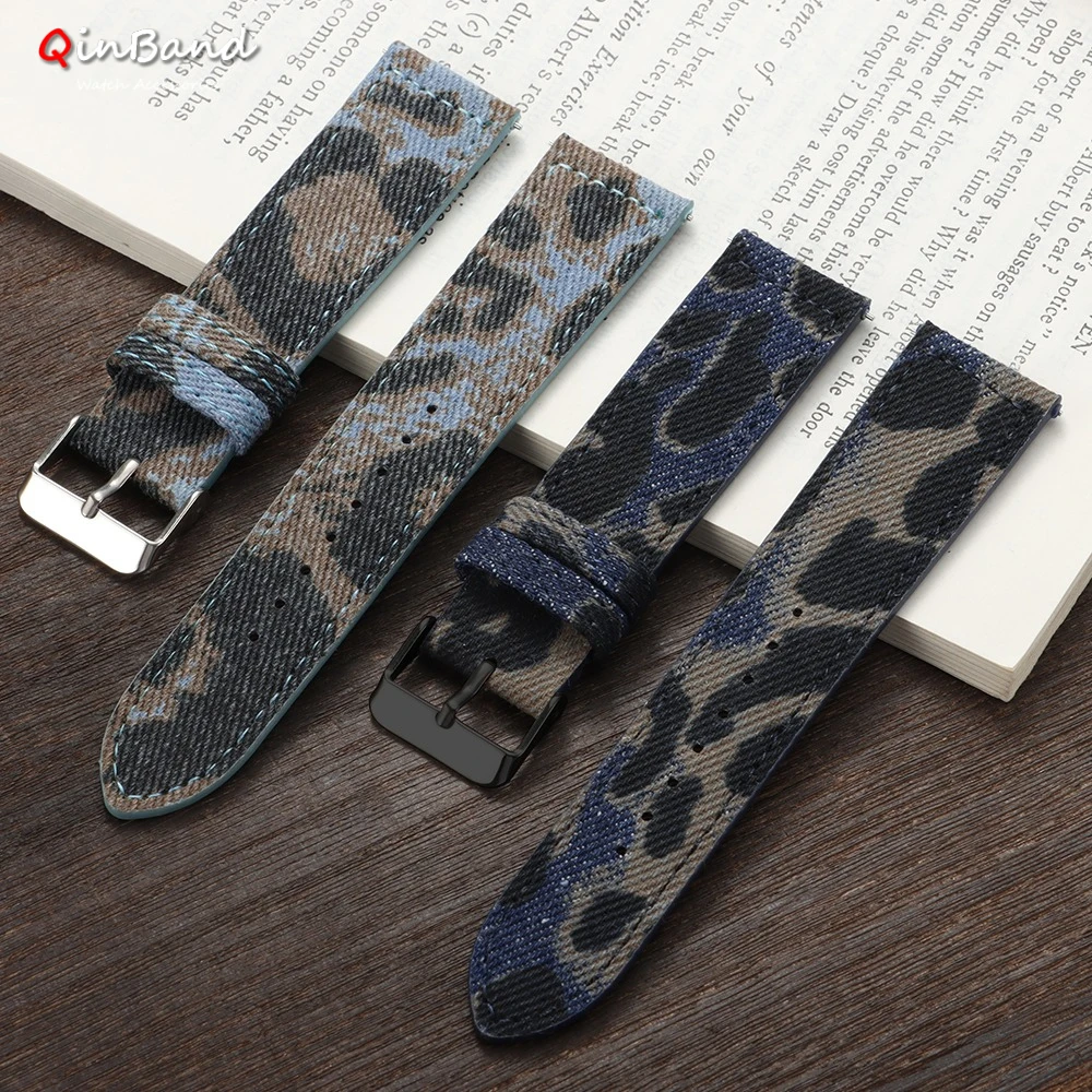Leopard-Print Denim Leather Watch Strap 18mm 20mm 22mm for Seiko Watchband for Men Women Replacement Band Quick Release Bracelet