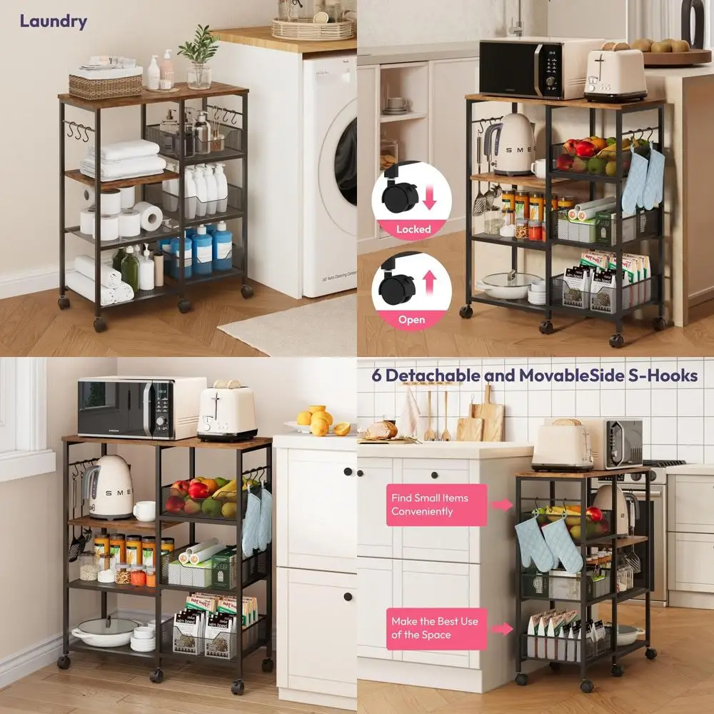 

4-Tier Rolling Kitchen Island Cart with Removable Hooks, Storage Shelves, and Locking Casters - Espresso