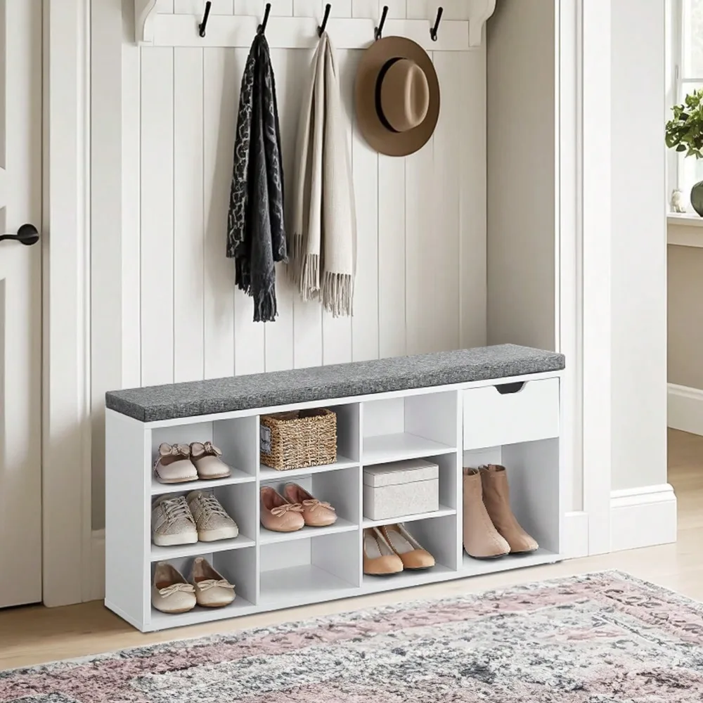 

Storage Bench, Entryway Bench With Cushion, Drawer And Open Compartments, Bench With Storage, For Living Room, Bedroom, Closet