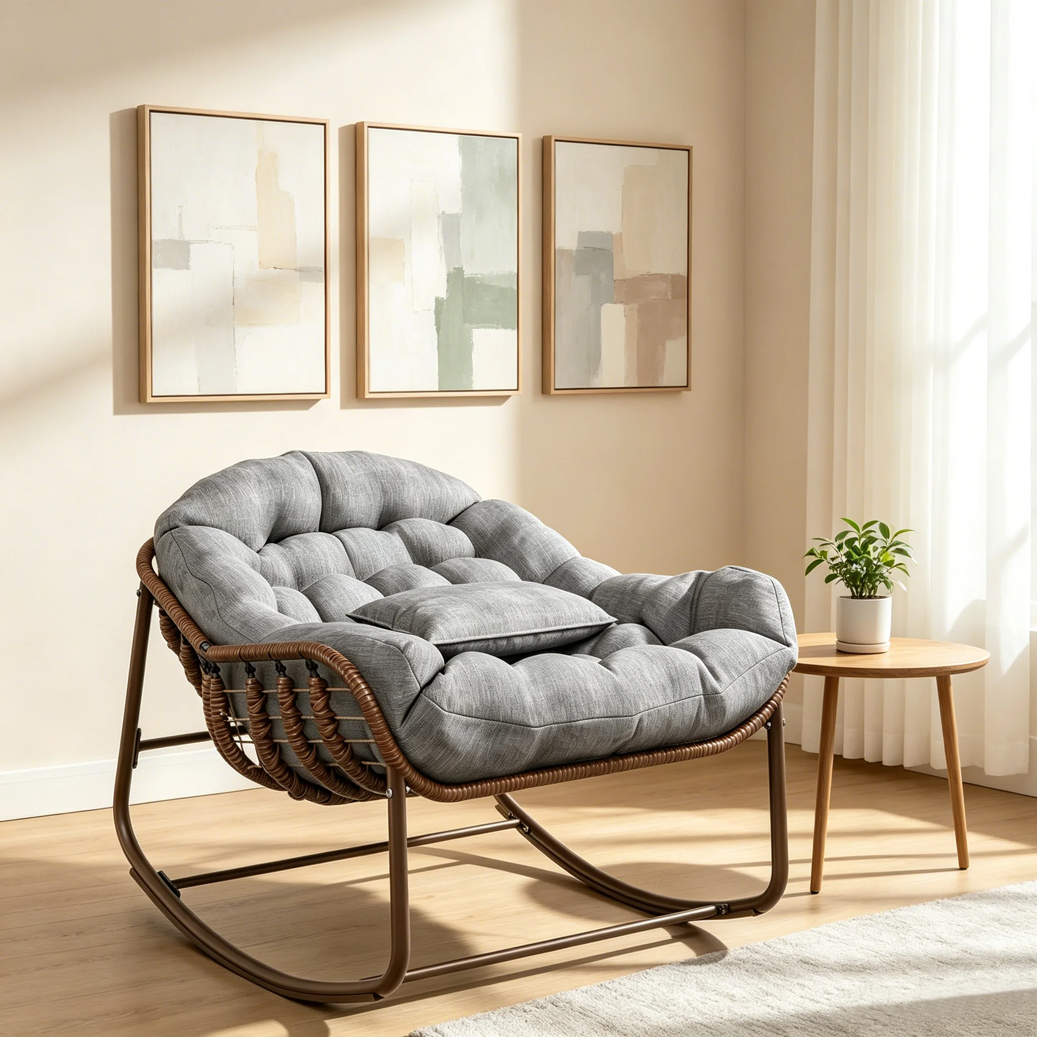 Oversized Papasan Egg Rocking Chair for Patio,Heavy-Duty Metal Frame, Cushioned Wicker Rattan Lounge, Weather-Resistant, 450lbs Capacity, Comfortable Living Room Furniture Chair, Porch & Balcony