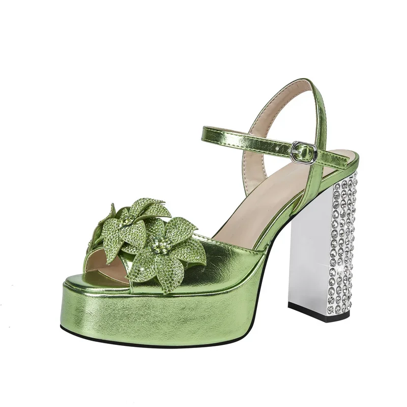 

European and American Designers Sexy Floral Women's Sandals 2024 Fashion Thick High Heels and Thick Soles Buckle Up Shoes