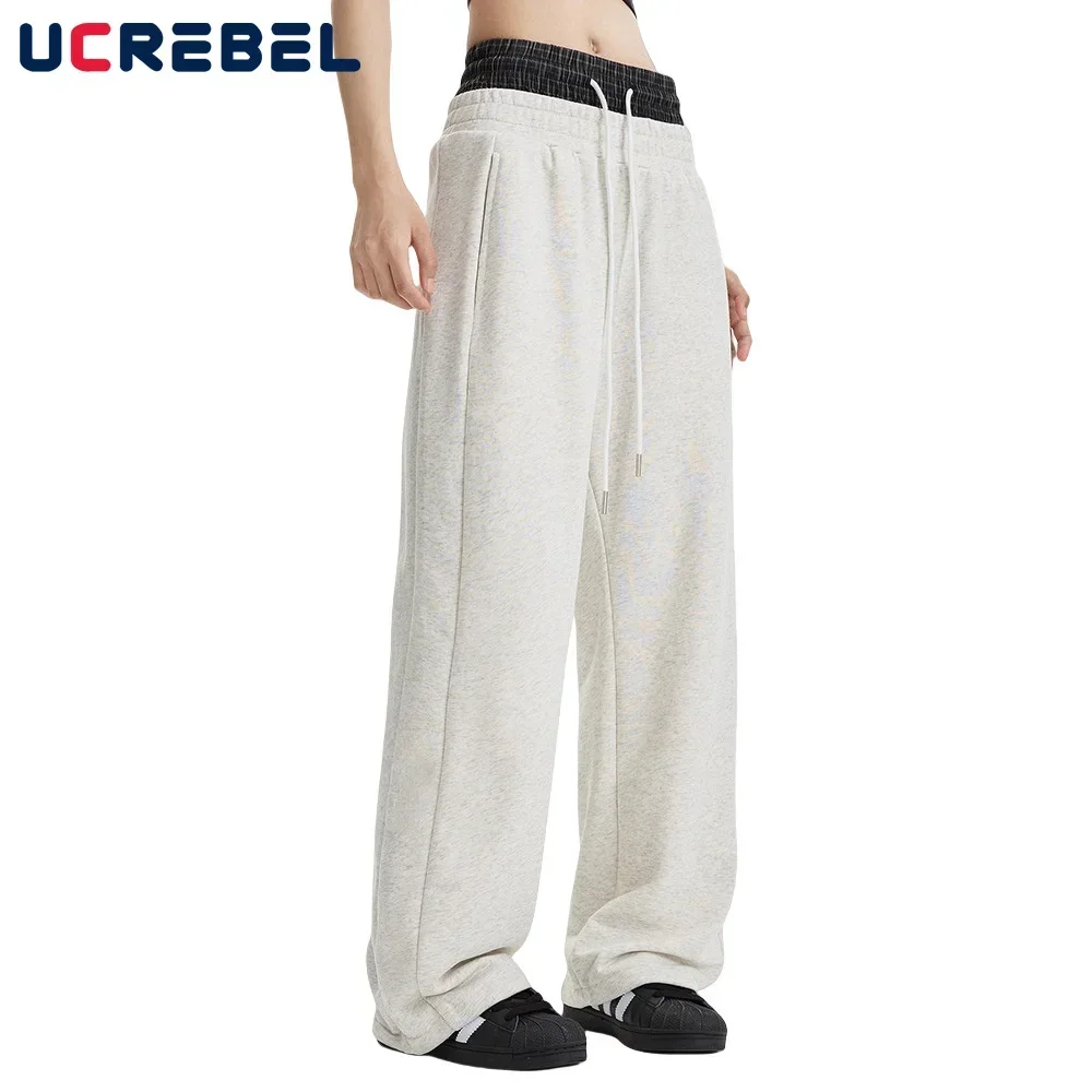 Spliced Fake Two Pieces Sweatpants Mens Streetwear  Elastic Waist Loose Wide Leg Joggers Pants Men Sports Trousers