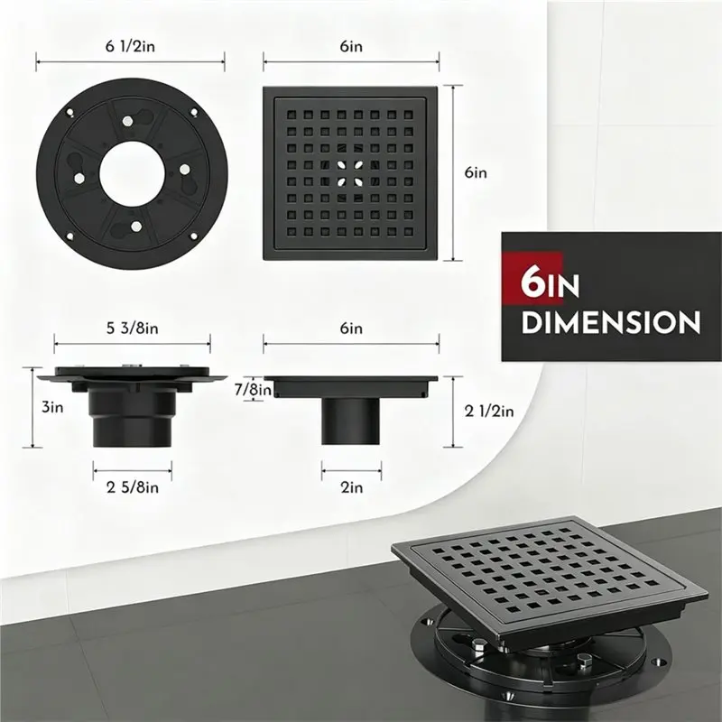 abug-6-inch-square-shower-drain-with-flange-removeable-grate-304-stainless-steel-shower-drain-with-hair-catcher