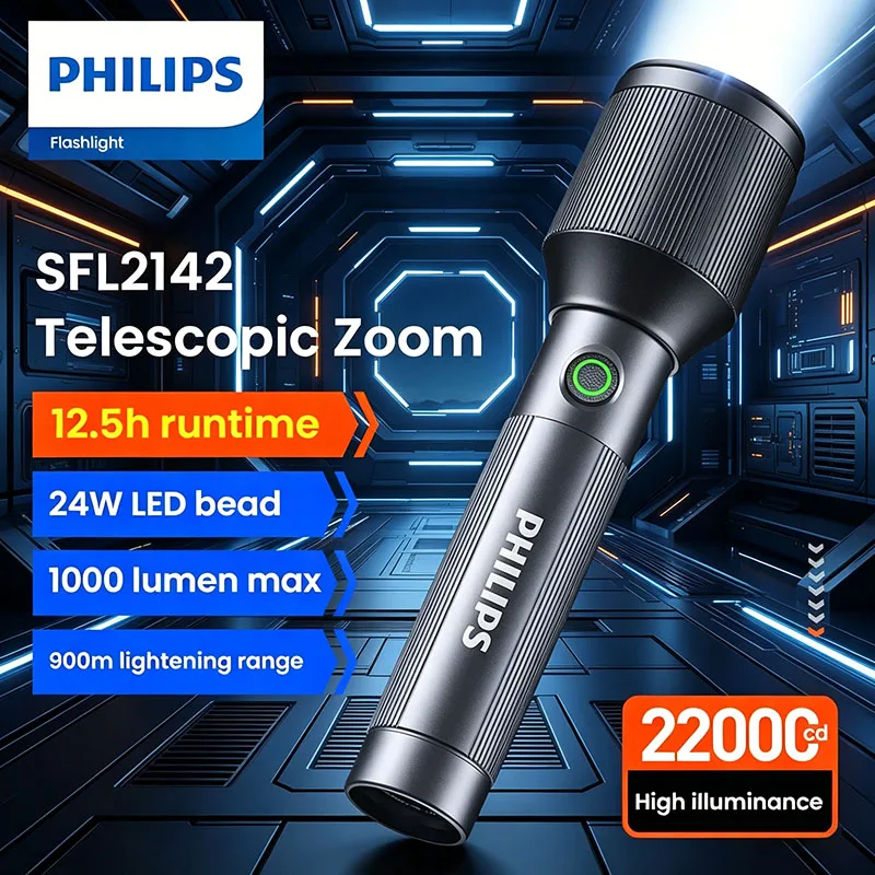 

Philips Sfl2142 Strong Light Far Shooter Flashlight 4Modes Waterproof Rechargeable Camping Light Zoomable Outdoor Emergency Lamp