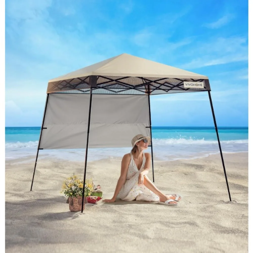 

Выдвижная палатка с навесом 8x8 футов с центральным замком, наклонными ножками, рюкзаком и боковой стеной, портативным укрытием для кемпинга, бежевого цвета