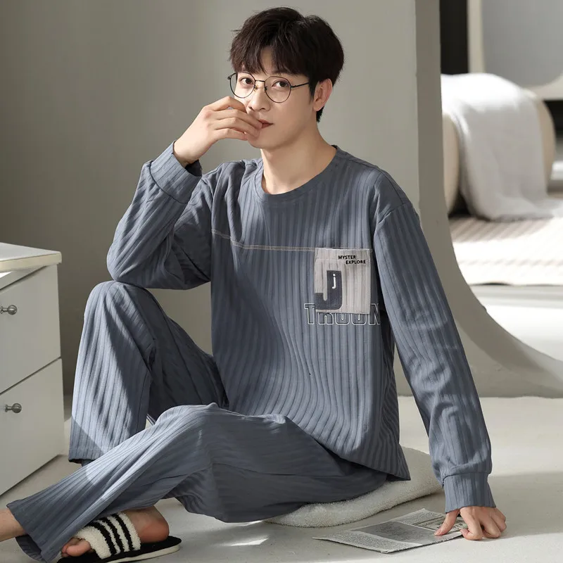 2 Pieces Set Cotton Male Sleepwear Spring Thin Breathable Home Clothes Youth Boy Nightwear Sleeping Top & Pant Pjs Pyjama Hombre