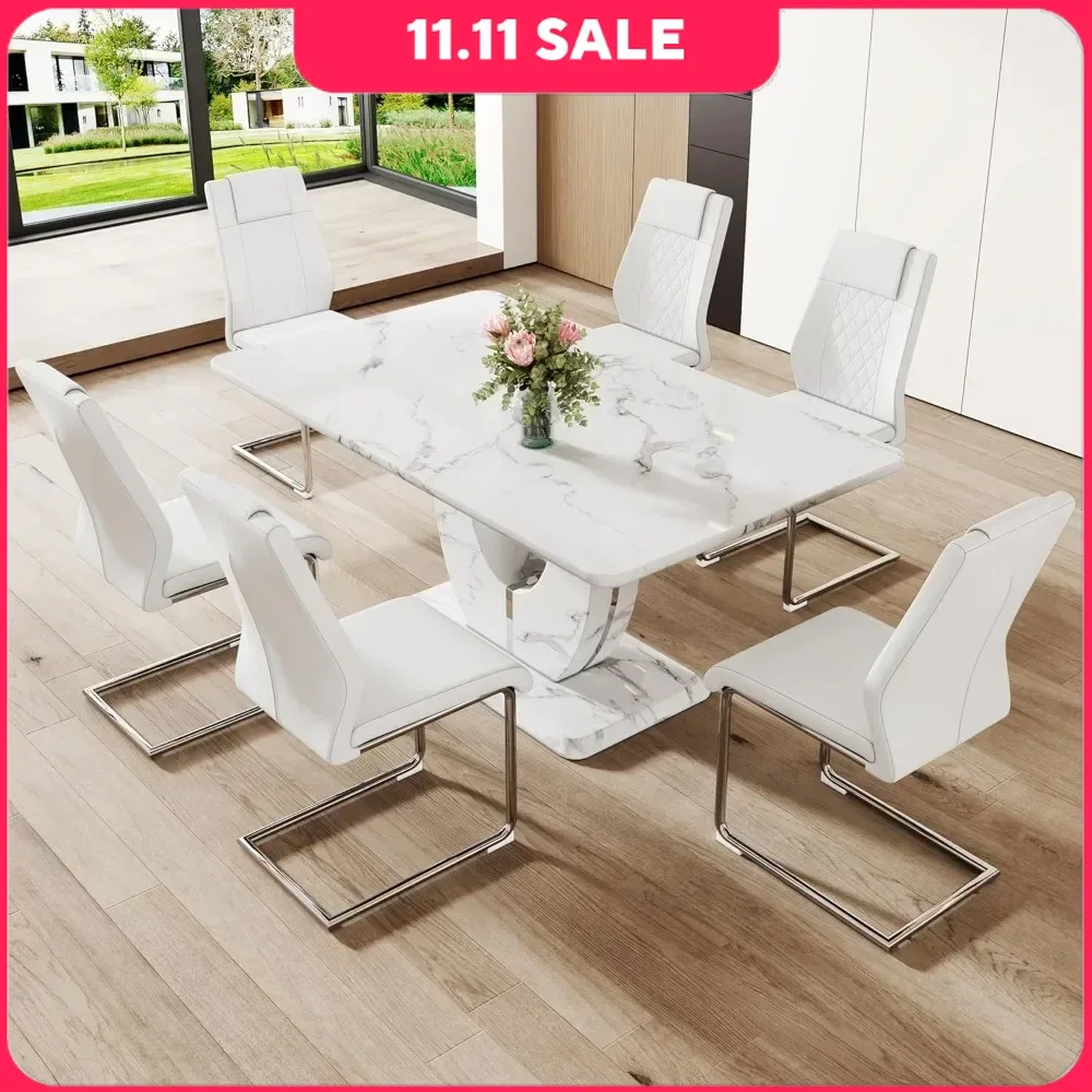 

Dining Table Set for 6, Faux Marble Tabletop ＆ 6 Pu Leather Upholstered Chairs, Rectangula Dining Table Set, 7 Pcs