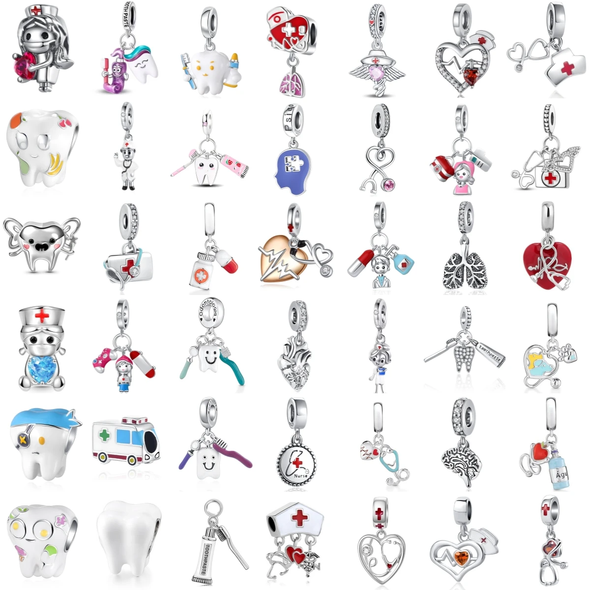 925 Sterling Silver Nurse Doctor Dentist Tooth Medical Heart Brain Lung Stethoscope Ambulance Dangle Charms DIY Jewelry Gift