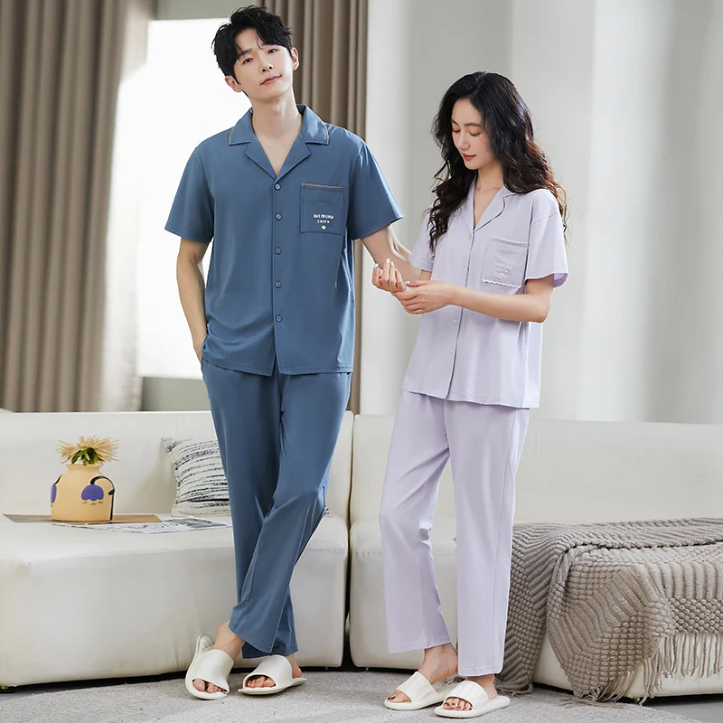 

Newest M-6XL Summer Couple Pajama Set 100% Cotton Turn-down Collar Short Sleeve Pyjamas