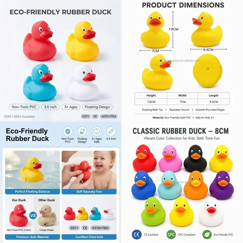 Non-toxic BPA-free rubber duck bath toy, safe squeaky floating duck (yellow, blue, white, red) suitable for babies and