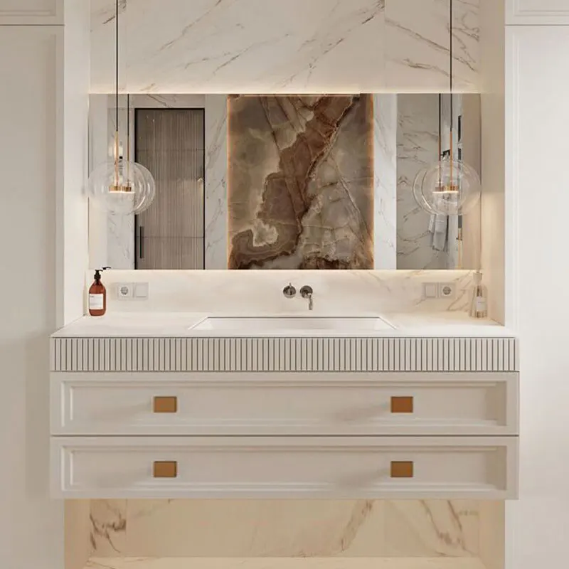 

Modern bathroom slate integrated seamless basin solid wood double basin bathroom cabinet