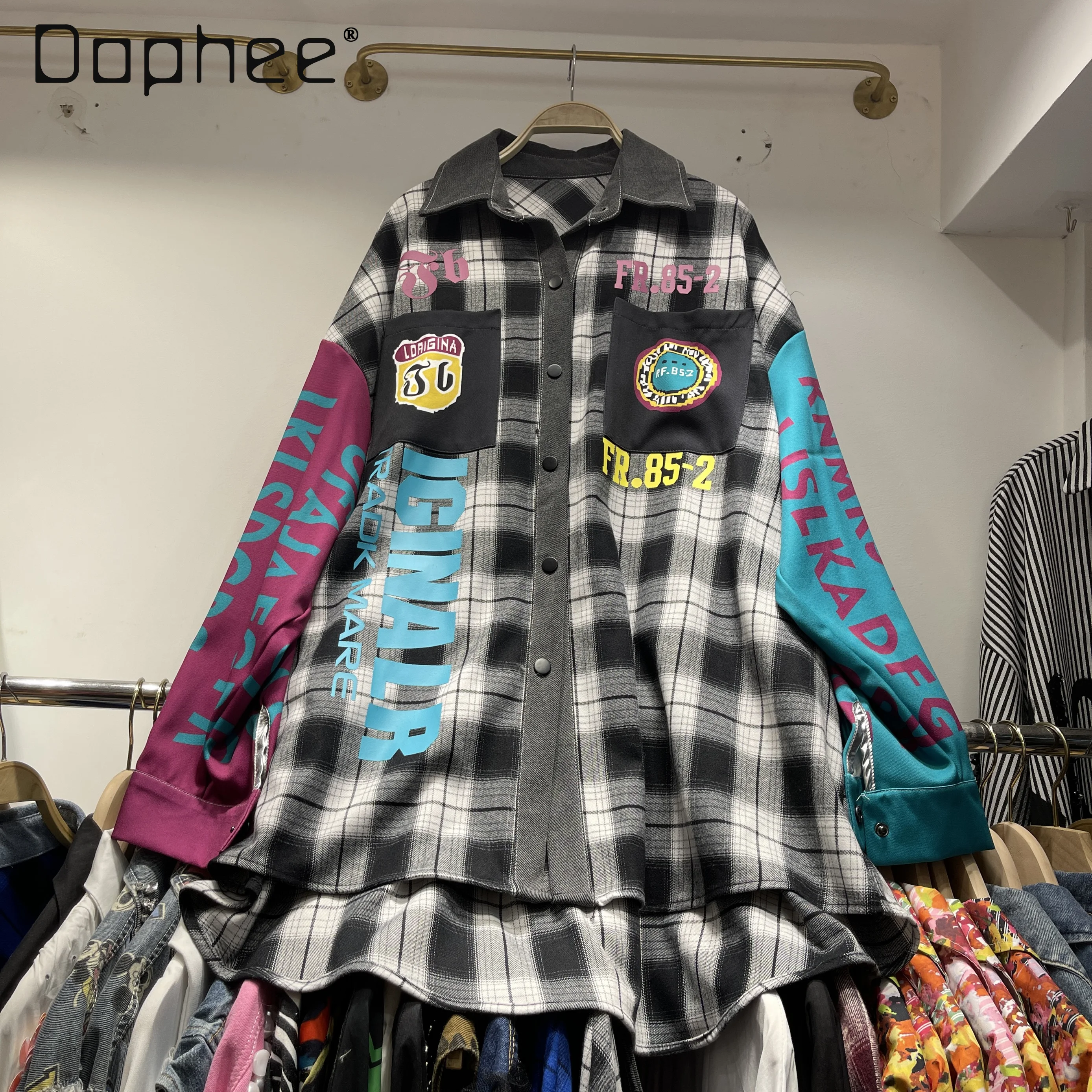 

European Fashion Casual Loose Large Letter Print Plaid Long Sleeve Shirt Autumn Color Block Design Trendy Outerwear