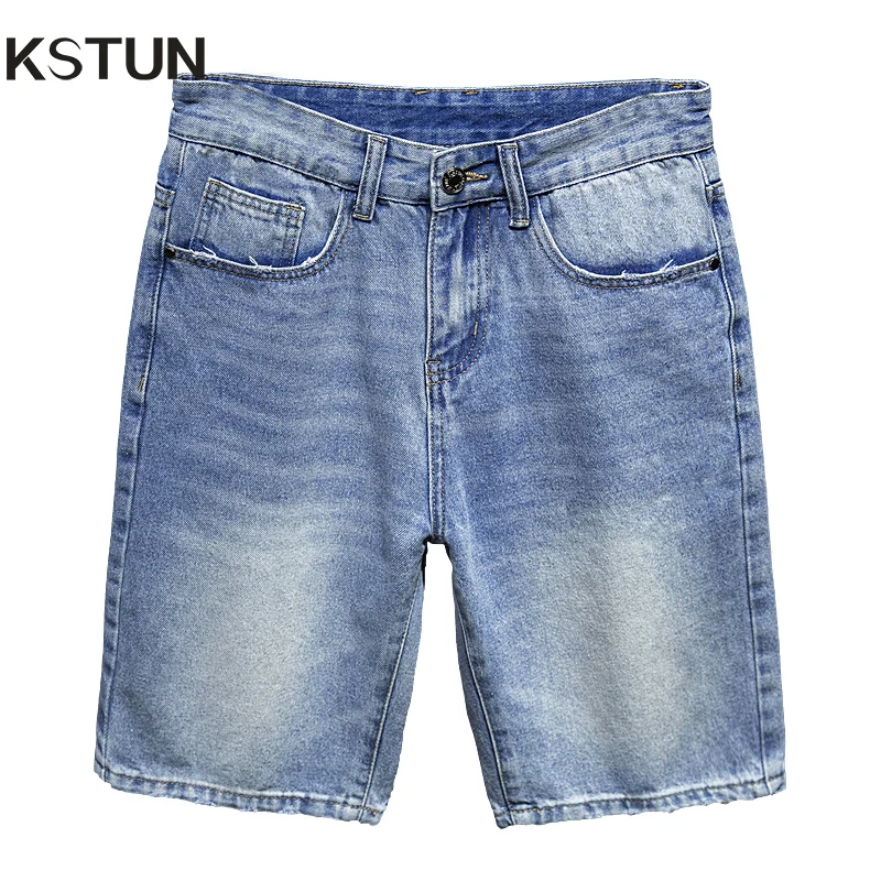 

KSTUN 2025 летние короткие джинсы мужские светло-голубые джинсовые шорты повседневные брюки длиной до колена прямые брендовые мужские брюки высокого качества