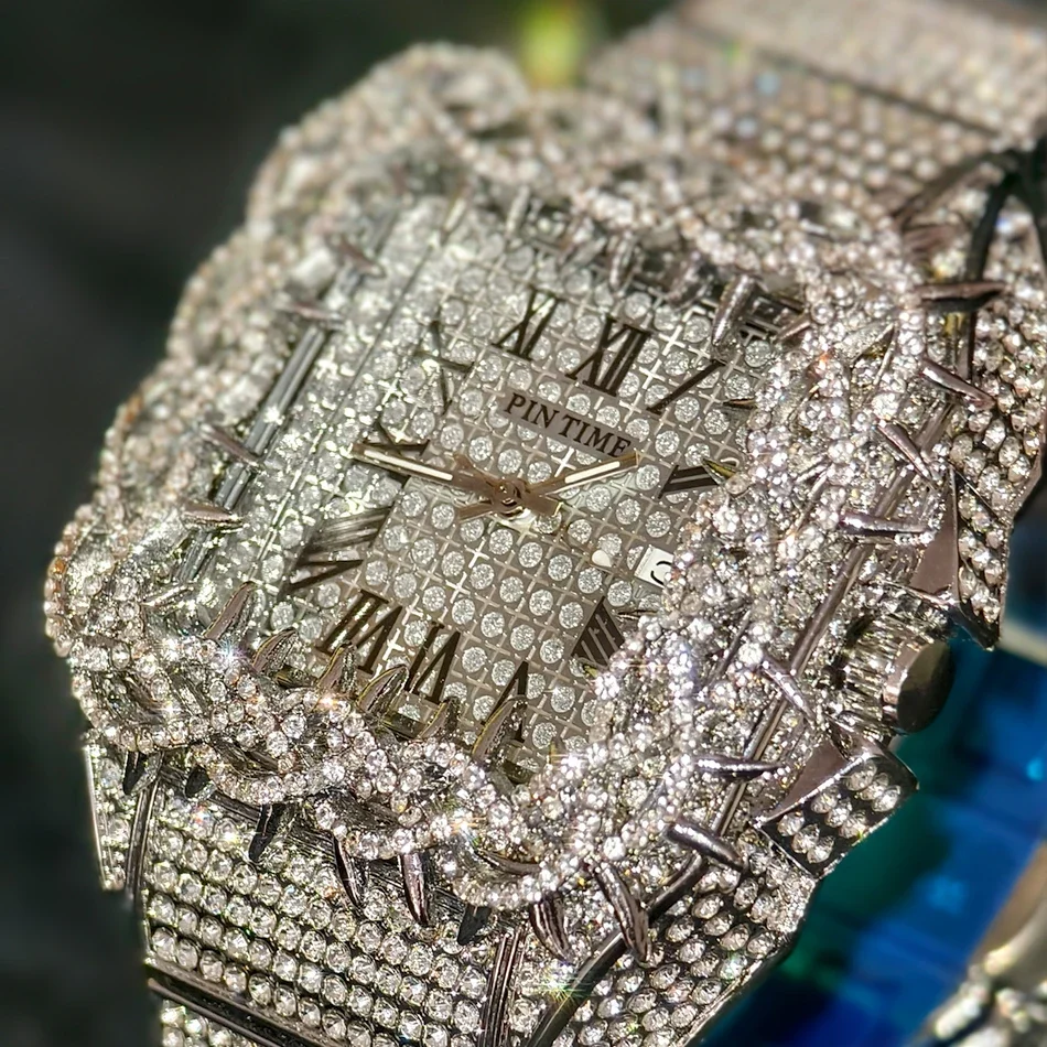 

Новые винтажные мужские часы с полным бриллиантовым паве, квадратным циферблатом в стиле Thistle, роскошные, водонепроницаемые, кварцевые, в стиле хип-хоп, с изысканным дизайном