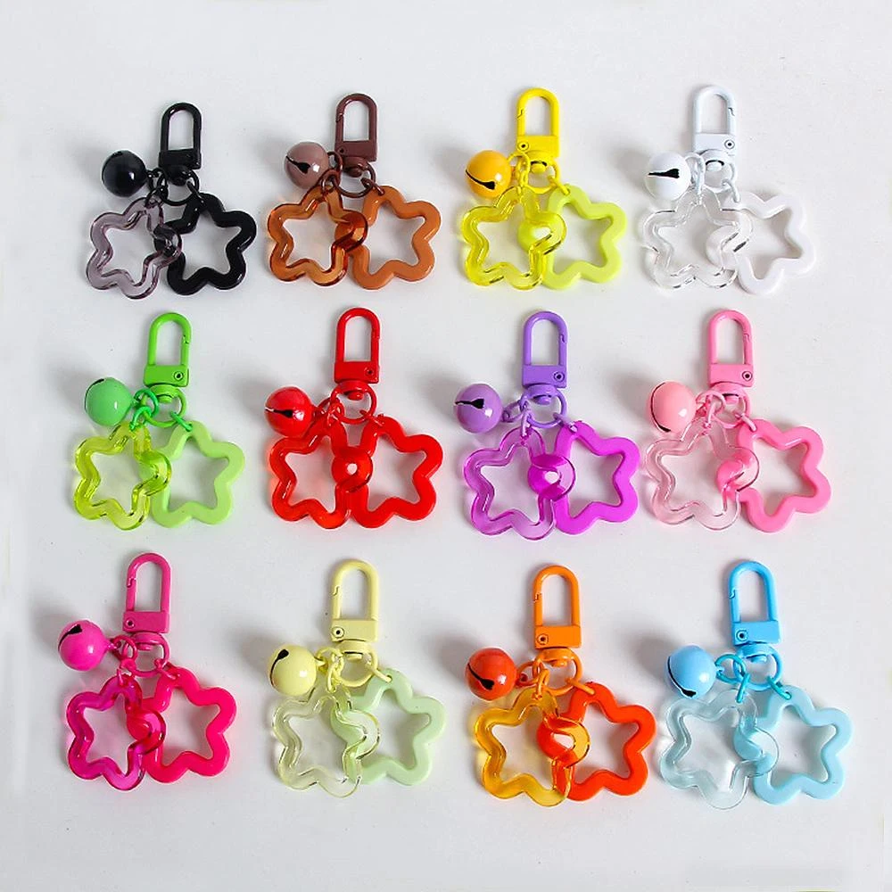 Colorful Acrylic Hollowed Out Pentacle Keychain Wommen Bag Pendents Cute Baking Paint Bell Accessories Headphone Cover Deco